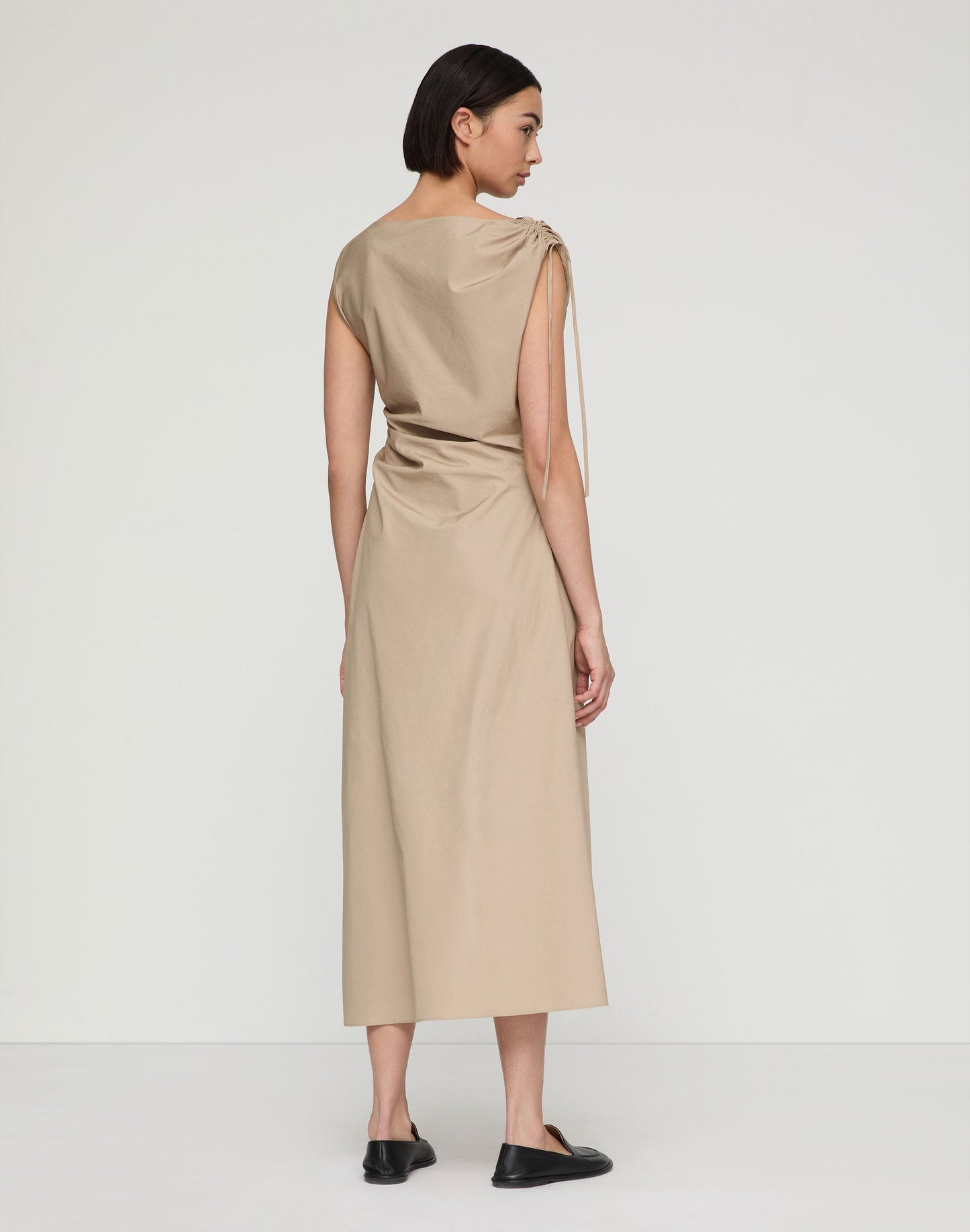 Lafayette 148 Organic Cotton Poplin Gathered Midi Dress in Clay