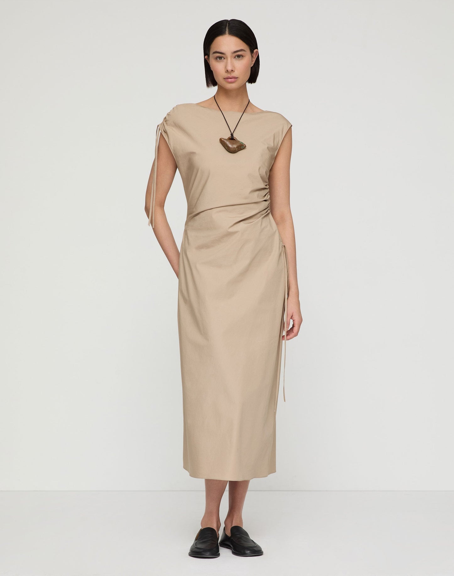 Lafayette 148 Organic Cotton Poplin Gathered Midi Dress in Clay