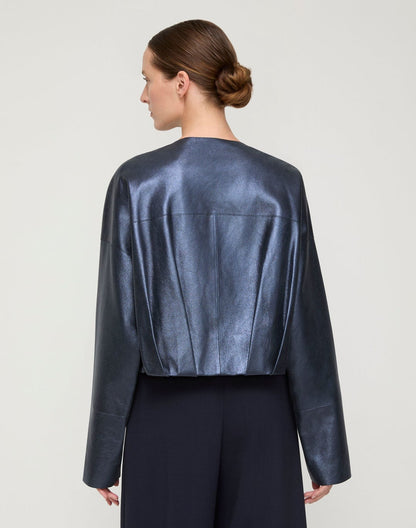 Lafayette 148 Metallic Stardust Suede Pleated Waist Jacket in Ink