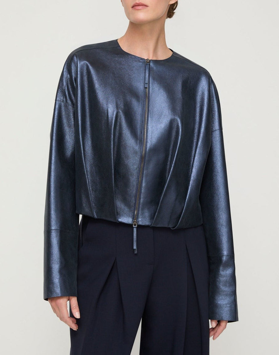 Lafayette 148 Metallic Stardust Suede Pleated Waist Jacket in Ink