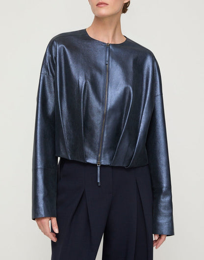 Lafayette 148 Metallic Stardust Suede Pleated Waist Jacket in Ink