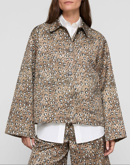 Lafayette 148 Leopard Print Cotton-Viscose Twill A-Line Topper in Brownstone Multi