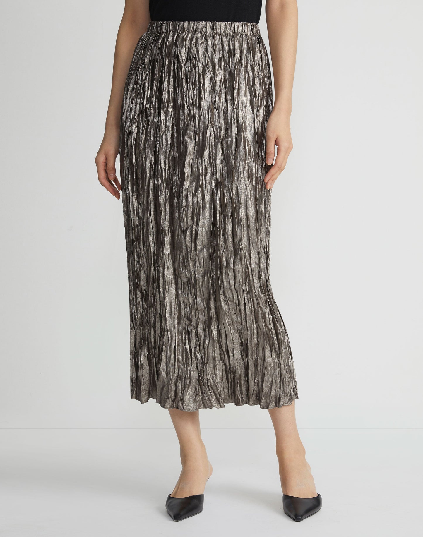 Lafayette 148 Pull-On Metallic Plissé Midi Skirt