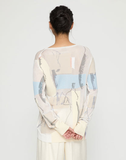 Lafayette 148 Sketchbook Print Finespun Voile & Cotton Crepe Yarn Intarsia Sweater in Paper