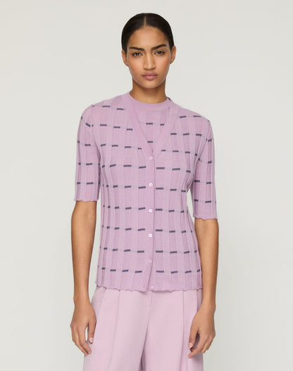 Lafayette 148 Striped Fine Gauge Cashmere Ribbed Cardigan in Lavender Tint Multi