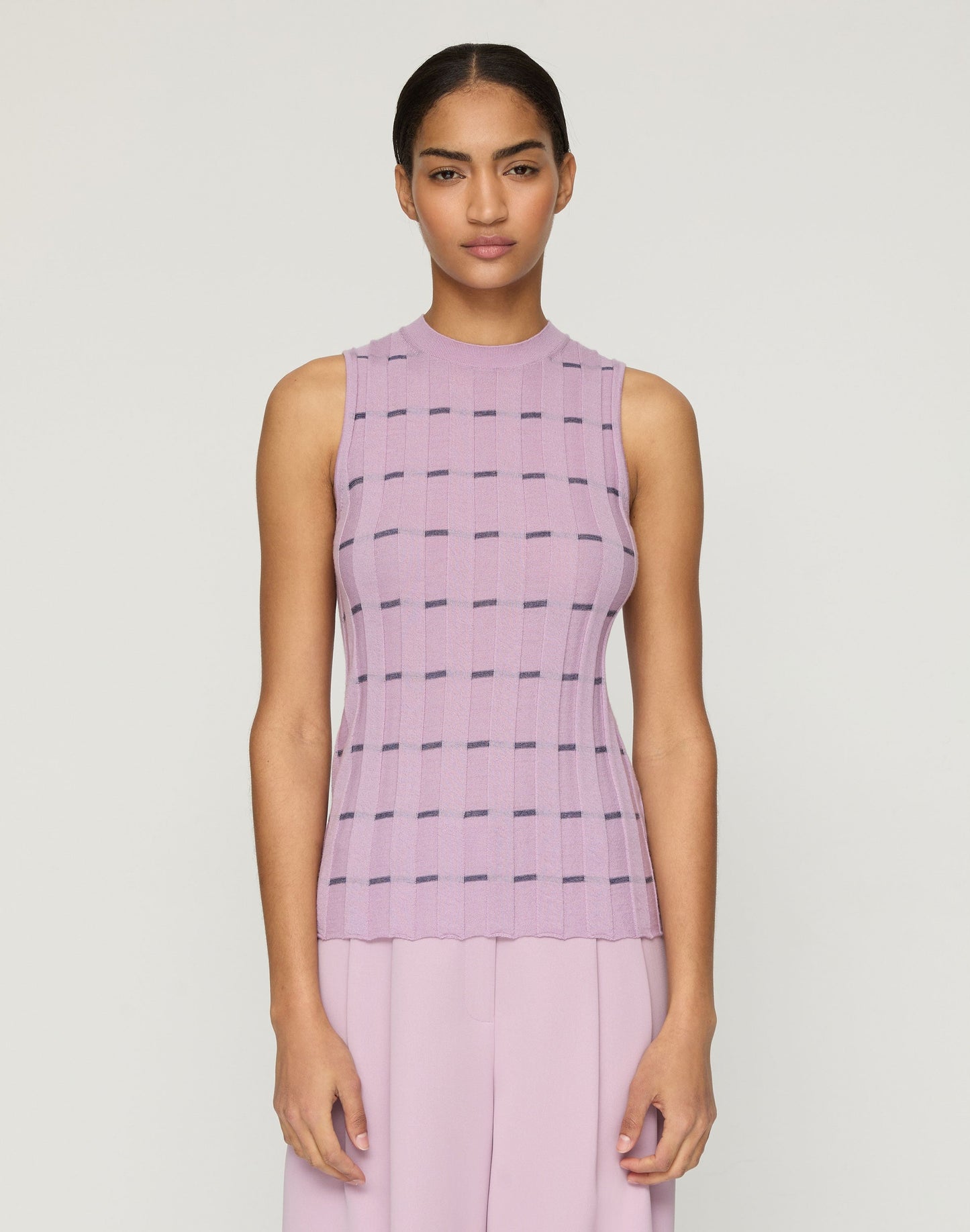Lafayette 148 Striped Fine Gauge Cashmere Ribbed Shell in Lavender Tint Multi