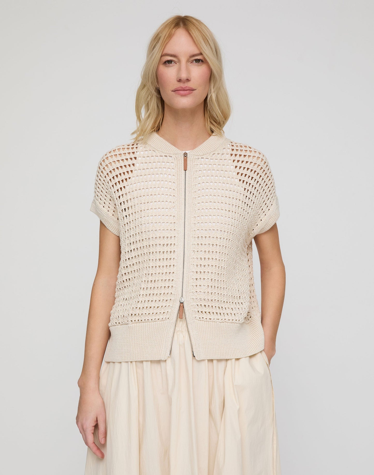 Lafayette 148 Open Stitch Zip Front Sweater in Pebble