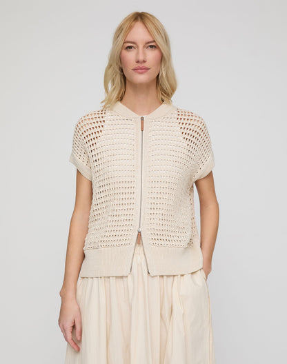 Lafayette 148 Open Stitch Zip Front Sweater in Pebble