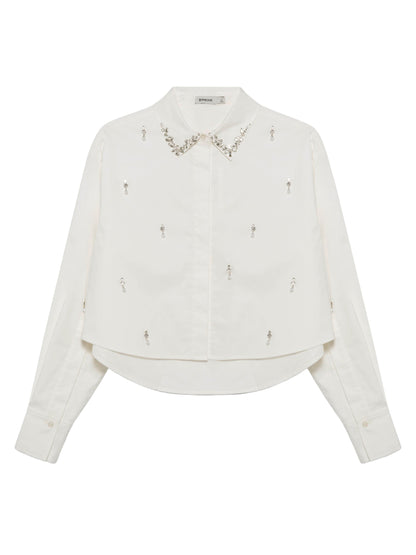 Simkhai Renata Embellished Cropped Button Down Shirt in White