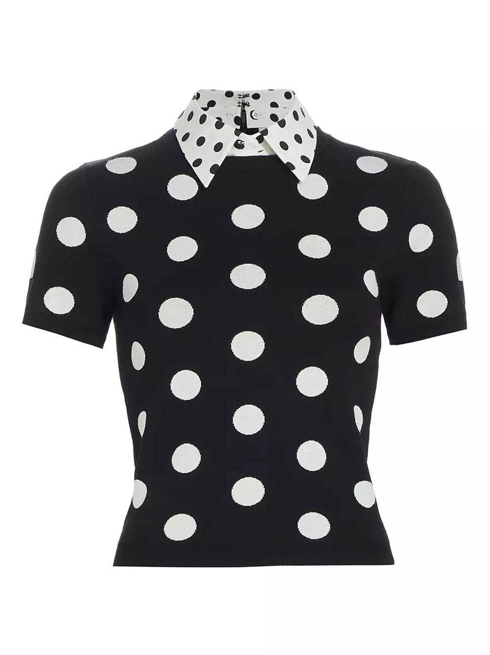 Alice + Olivia Aster Collared Pullover Top in Black/Soft White Polka Dot