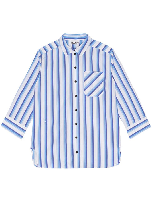 Ganni Stripe Cotton Shirt in Silver Lake Blue