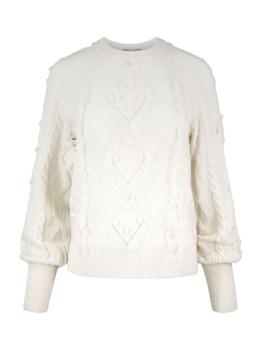 Autumn Cashmere Fringed Cable Popcorn Chalk Crew Sweater