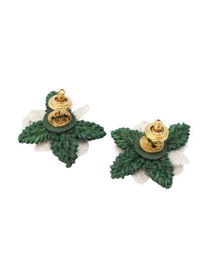 Oscar de la Renta Rosette Flower Earrings in Ivory