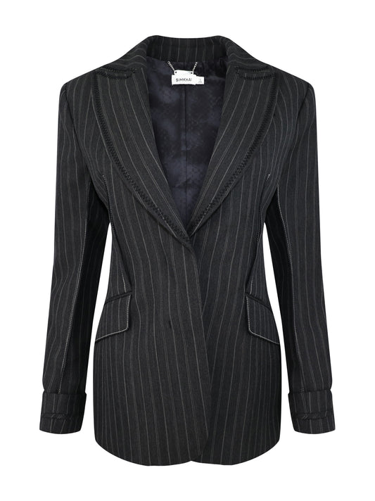Simkhai Gamela Single Breasted Blazer in Grey Pinstripe Multi