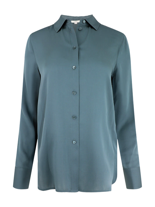 Vince Slim-Fitted Stretch Silk Blouse in Azurine