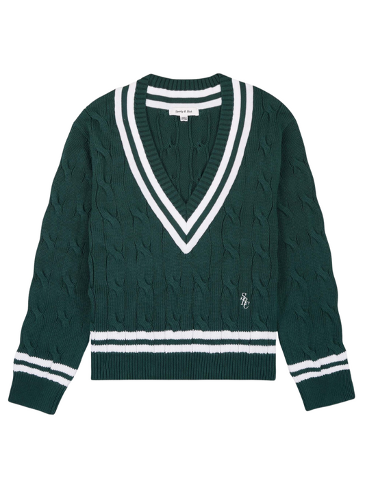 Sporty & Rich SRC Cableknit V-neck Sweater in Forest