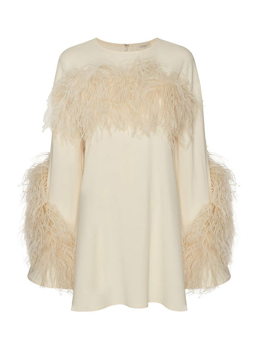 LaPointe Pebble Crepe Shift Dress With Feathers