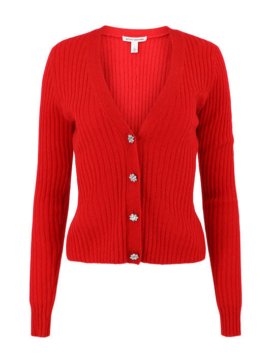 Autumn Cashmere Rib V-Neck Cardigan With Jewel Buttons