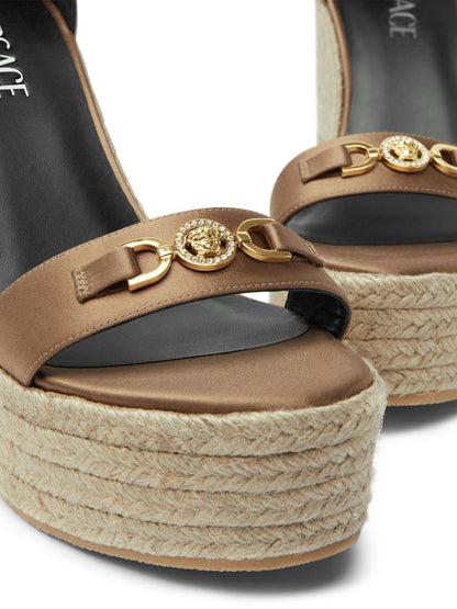 Versace Medusa '95 Satin Wedge Sandals in Camel/Gold