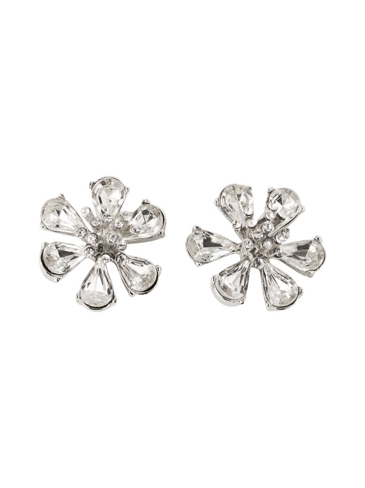 Oscar de la Renta Crystal Flower Button Earrings in Silver