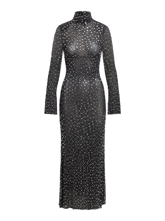 Self Portrait Black Square Rhinestone Mesh Midi Dress